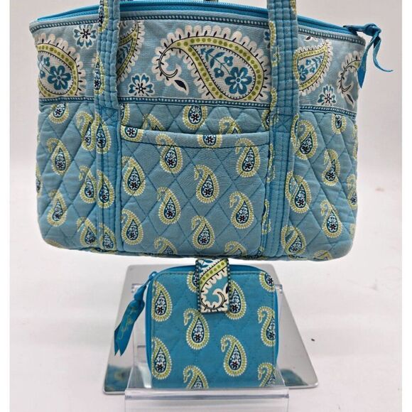 Vera Bradley Quilted Paisley Tote & Matching Wallet Set Blue & Green Cotton Styl - Picture 1 of 6